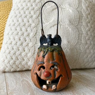 Vintage Cast Iron Halloween Pumpkin Jack O Lantern & Bat Tealight Candle Holder