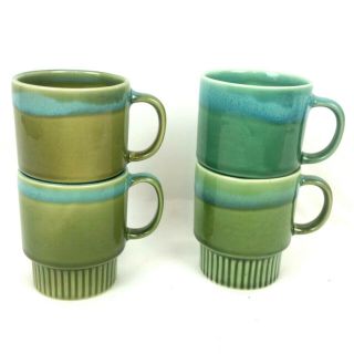 4 Mid Century Modern Green Blue Drip Glaze Stacking Coffee Mugs Cups - China