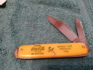 Vtg Coca Cola World Fair 1933 Chicago Double Blade Pocket Knife Yellow K30
