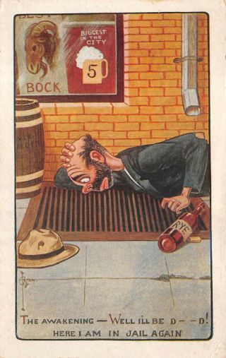 Comic Hobo Rye Bock Beer Alcohol Artist Signed Ryan Postcard (c.  1910)