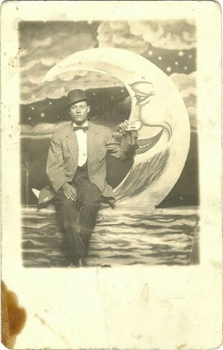 Rppc Real Photo Postcard Man Sitting On Paper Moon Studio