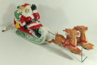 Vintage Empire Plastic Light Up Blow Mold Santa In Sleigh W/ 2 Reindeer