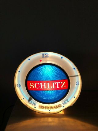 Schlitz Beer Sign 1961 Back Bar Lighted Motion Water Shimmer Clock Light Spins