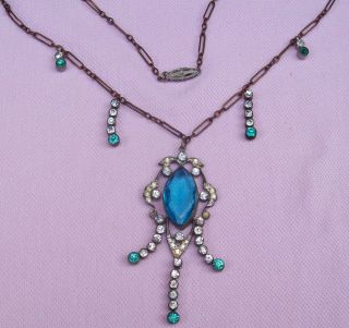 Old Vintage Antique Art Deco Brass Paper Clip Chain Crystal Rs Festoon Necklace