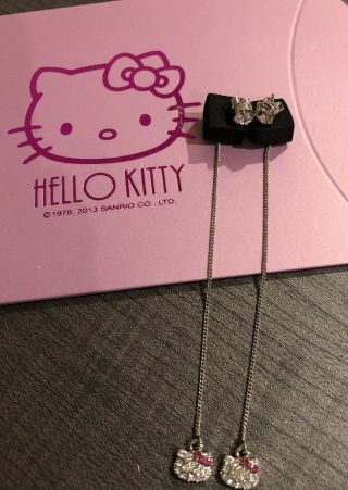 Nwt Sanrio Hello Kitty Dangle Hanging Earrings Crystals Rhinestones Silver Tone