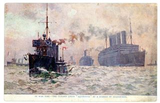 Cunard Ocean Line - Rms Aquitania Leads Wwi Transport Ships - Postcard Military