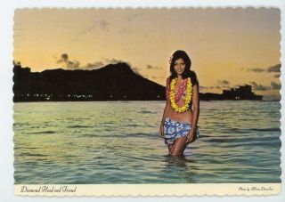 Hawaii Vintage Postcard Woman In Bikini On Beach.  Lei