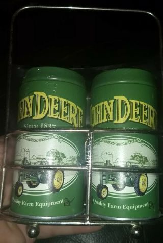 John Deere Tin Salt And Pepper Shaker In Holder With Chrome Holder