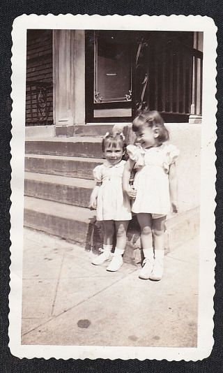 Antique Vintage Photograph Two Little Girls Standing In Front Of House