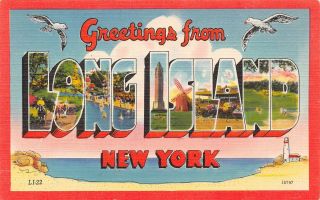 Postcard Ny Greetings From Long Island York Large Letter Vtg Beach Light Pc