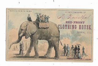 Old Trade Card Rosenthal Red Front Clothing House York Pa Elephant Rides