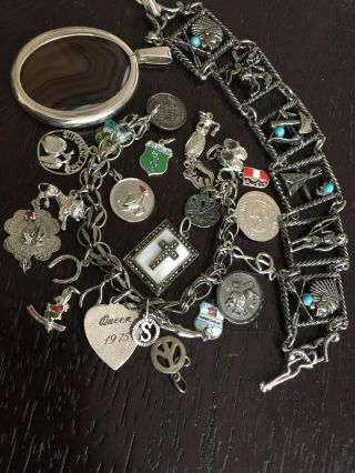 Vintage Sterling Silver English Charm Bracelet With Southwestern And Gemstone