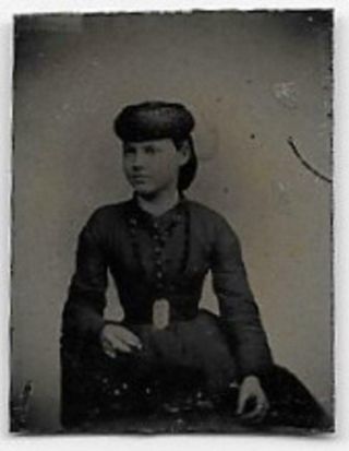 Tintype Photo T216 Woman W/ Tinted Cheeks Posing In Interesting Hat & Necklace