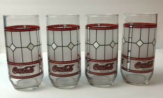 Coca Cola Coke Glasses Tiffany Style Frosted Stained Glass Vintage Set Of 4