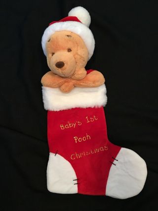 Euc 18” Disney Winnie The Pooh Xmas Stocking Plush Head - Baby’s 1st Christmas