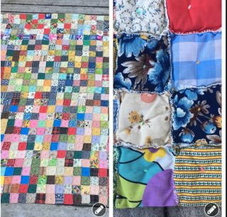 Vintage Charming Handmade Patchwork Multi Colored Quilt 3x3 Squares 87x 77 Heavy