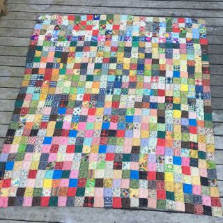 Vintage Charming Handmade Patchwork Multi Colored Quilt 3x3 squares 87x 77 HEAVY 2