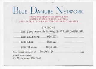 Qsl Radio Blue Danube Network 1954 United States Forces Apo 168 Austria Wwii Dx