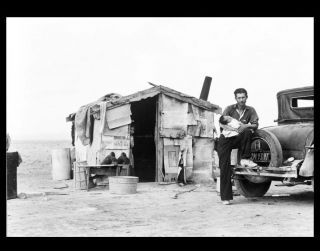 1937 Migrant Farmer Photo Great Depression Dust Bowl Baby Shack Jalopy,  Calif
