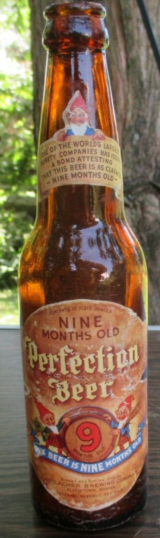 Horlacher 9 Mo.  Old Perfection Beer Bottle Allentown,  Pa. ,  Paper Label W Elves