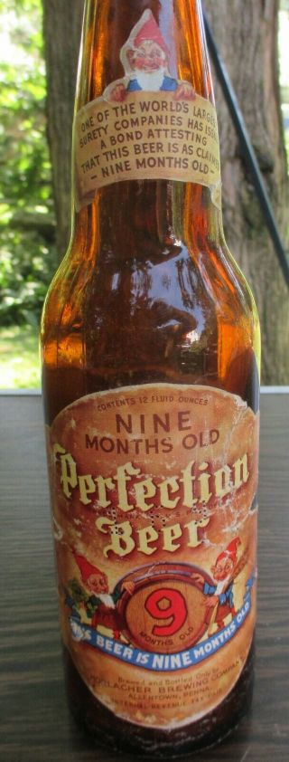 HORLACHER 9 MO.  OLD PERFECTION BEER BOTTLE ALLENTOWN,  PA. ,  PAPER LABEL W ELVES 2