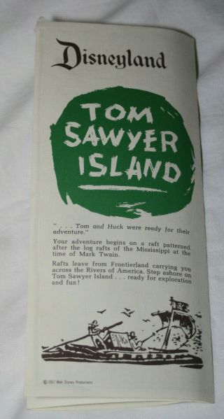 Vintage Disneyland " Tom Sawyer Island " Folded Brochure From 1957 With Map.