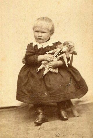 Antique Cdv Photo Little Girl W Fabulous Toy Doll Lace Collar 1870s Era