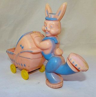 Vintage 50s - Rosen Rosbro 9 " Plastic Bunny Rabbit Pushing Carriage Container