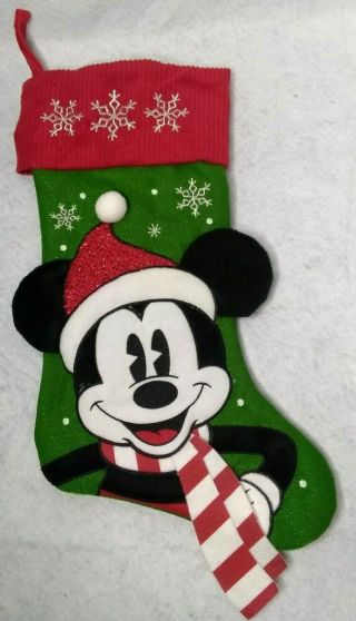 Disney Mickey Mouse Green Red Corduroy Cuff Snowflake Christmas Stocking 18 "
