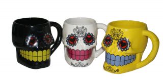 3 Piece Set 12oz Coffee Cups Mugs Day Of The Dead Dia De Los Muertos Skull