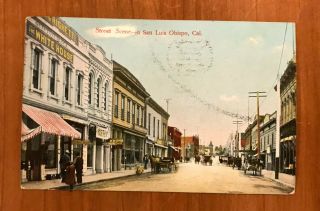 Vintage Postcard,  Street Scene San Luis Obispo Ca,  Coca Cola Sign,  1c Stamp 1908
