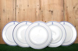 6 Vintage Shenango Blue Striped Usn Us Navy Anchor Mess Hall 9.  5 " Dinner Plates