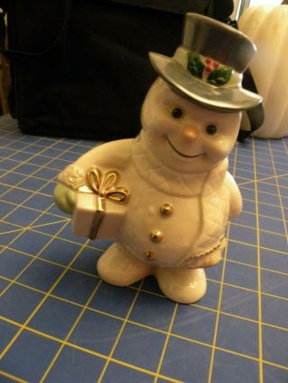 Lenox Frosty Snowman Gift Christmas Present Gray Top Hat Gold Trim 6 "