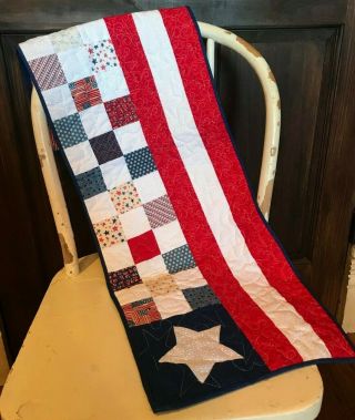 Handmade Quilt Table Runner,  Longaberger Red/white & Blue 4 Of July Patriotic 39