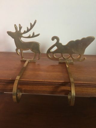 Vtg Solid Brass Christmas Stocking Holder Hanger Reindeer & Sleigh India Heavy