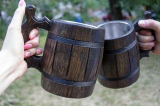 Beer Mug Set 2 Oak Wood German Mugs Coffee Tea Cup Barrel Wooden Gift Tankard