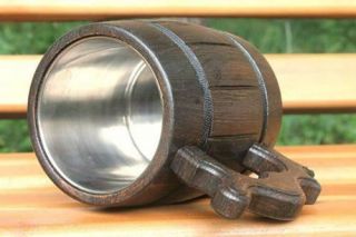 Beer Mug Set 2 Oak Wood German Mugs Coffee Tea Cup Barrel Wooden Gift Tankard 2