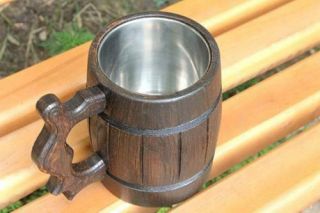 Beer Mug Set 2 Oak Wood German Mugs Coffee Tea Cup Barrel Wooden Gift Tankard 3