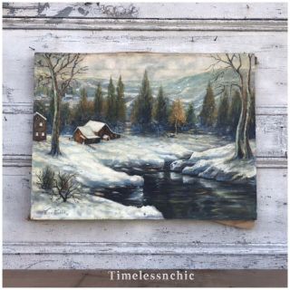 Vintage 1948 Oil Painting Winter Scene In Woods Old Cabin Mina Gribble
