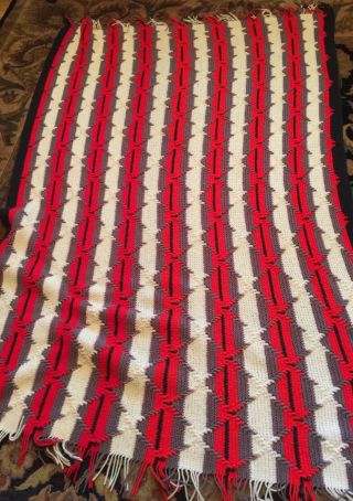 Vtg Hand Crocheted Knit Throw Afghan Blanket Red,  Black,  Gray 54 " X 84 "