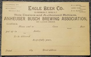 Pre - Prohibition 1890s Anheuser Busch Brew Association Eagle Beer Order Postcard