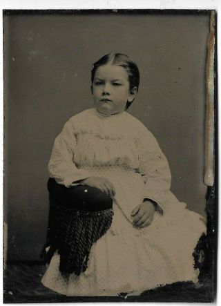 Tintype Photograph Cute Little Girl Seated On A Photographer 