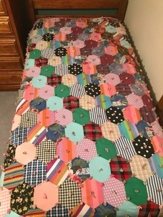 Vtg Handmade Twin Quilt Blanket Hand Tied Throw Multi - Color Octagons 71 " X 84 "