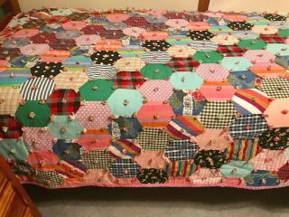 VTG Handmade Twin Quilt Blanket Hand Tied Throw Multi - Color Octagons 71 