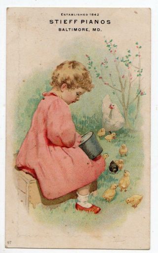 Baltimore Maryland Md Stieff Pianos Girl Feeds Chickens Victorian Trade Card