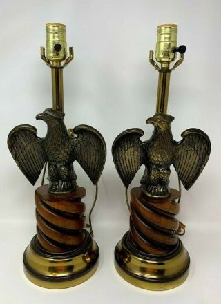 Vintage Metal Brass Turned Wood Mid Century Modern Americana Eagle Lamp