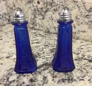 Vintage Glass Cobalt Blue Floral Salt Pepper Shakers