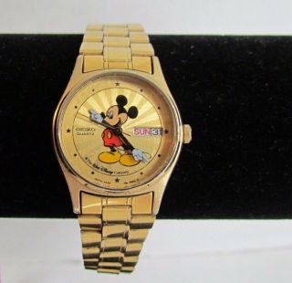 Vintage Womens Seiko Gold Tone Mickey Mouse Sunburst Quartz Watch 2a23 - 0089