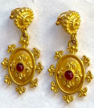 Leslie Block Vintage Earrings Haute Couture Red Cabochons Gold Filigree Drops