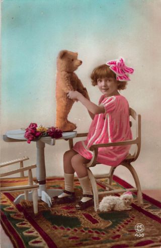 Rppc Real Photo Postcard Girl With Stuffed Toy Teddy Bear